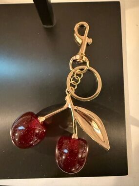 Gold Cherry Keychain - Red Cherry Charm Keyring